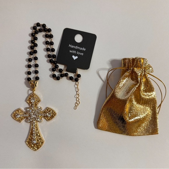 Vintage Gold Tone Gothic Statement Cross Charm Rosary Choker Necklace Brand New - Picture 1 of 11